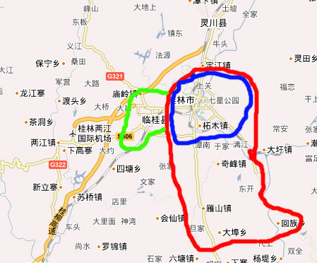 圈内为桂林五城区,蓝色为不包括雁山区的四个老城区,绿色为现在